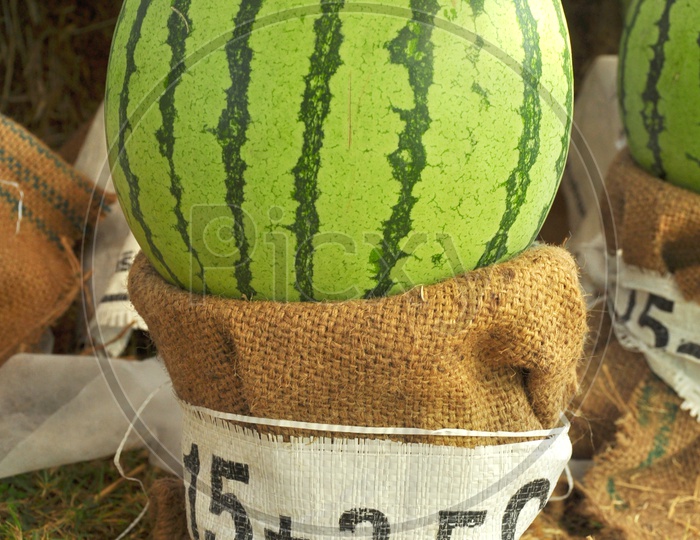 A watermelon in the basket.