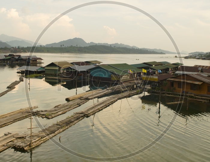 View of houseboats at Sangklaburi Thailand