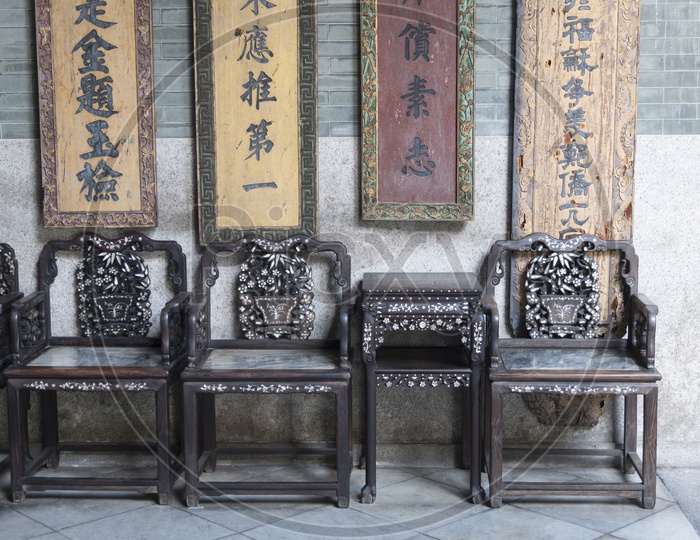 Ancient chairs in Chinese traditional village hongcun in huangshan, anhui, china