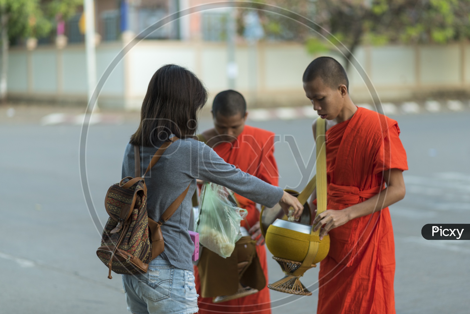 Traditional Alms giving ceremony of distributing food to Buddhist monks on the streets of Luang Prabang, Laos
