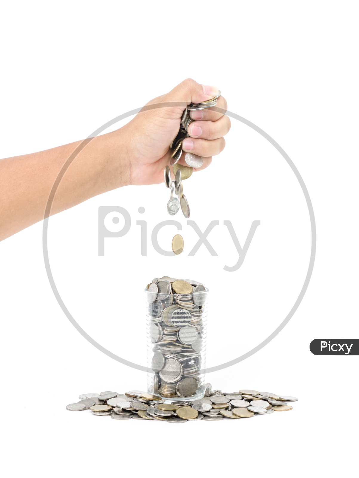 Currency Coin Being pouring In a Bowl Isolated on White Background
