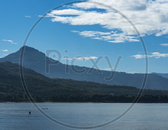 Mekong river with Mountains in Background at Pakse city, Laos