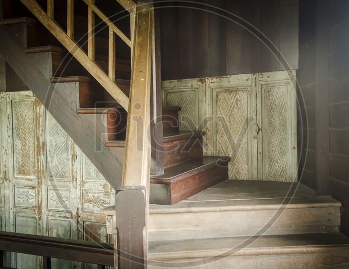 Vintage wooden staircase in California State Capitol