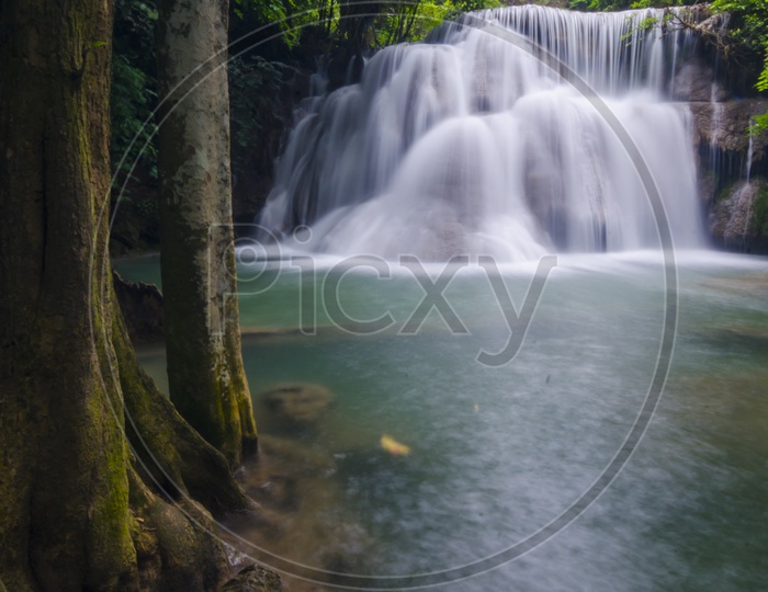 Erawan Waterfall in deep forest, Erawan National Park in Kanchanaburi, Thailand