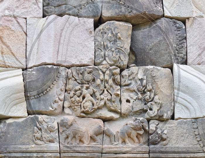 Ancient Buddhist Castle Walls Built With Stones In Saok Kok Thom Temple , Kaeo , Thailand