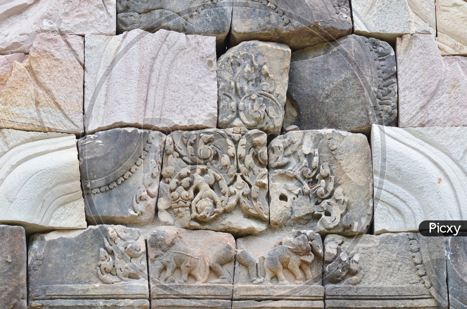 Ancient Buddhist Castle Walls Built With Stones In Saok Kok Thom Temple , Kaeo , Thailand