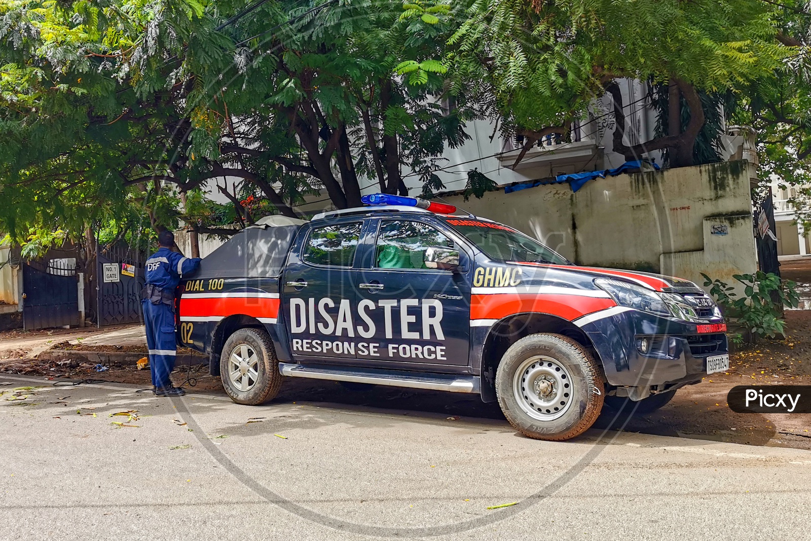 Disaster Response Force Vehicle By GHMC Parked On Road Side At Hyderabad