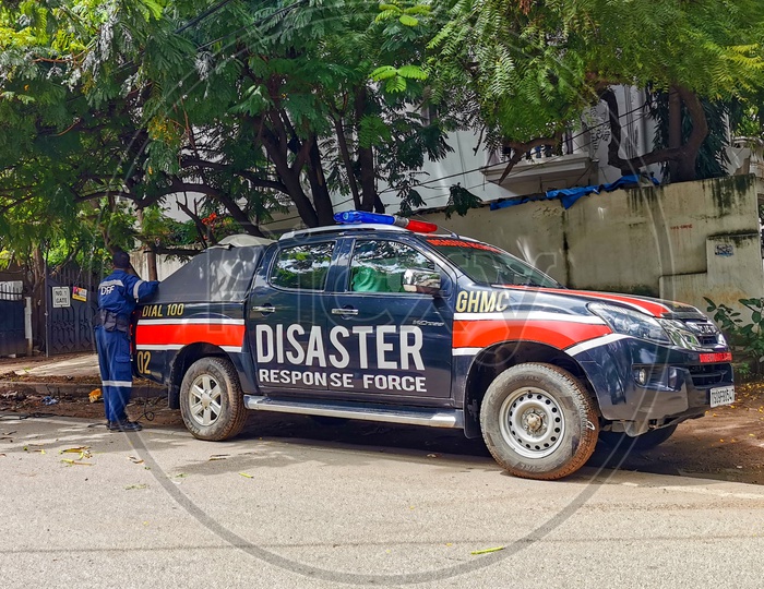 Disaster Response Force Vehicle By GHMC Parked On Road Side At Hyderabad
