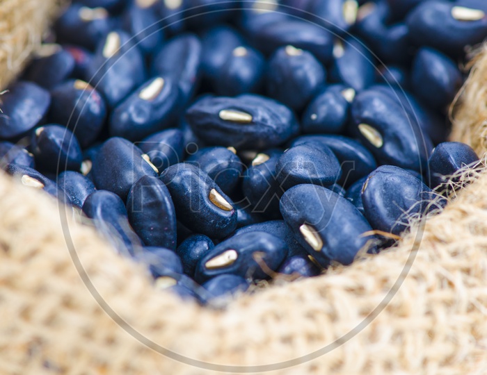Closeup of Blue Beans in sack