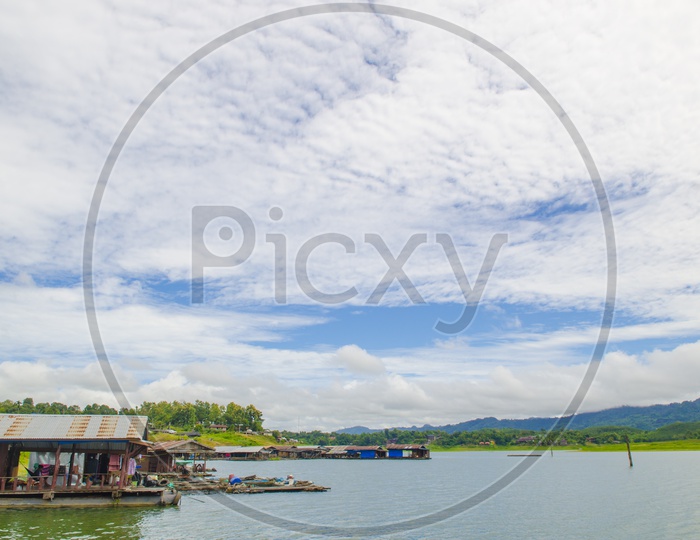 Landscape of Houseboat on river in Sangklaburi Kanchanaburi country, Thailand
