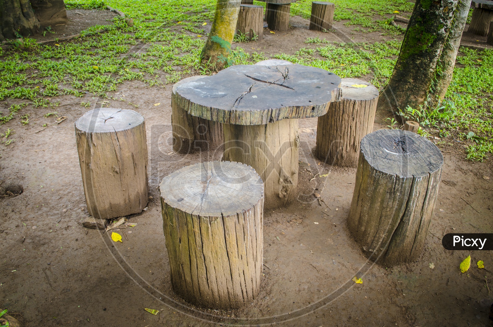 Garden furniture made from wooden logs in Thailand