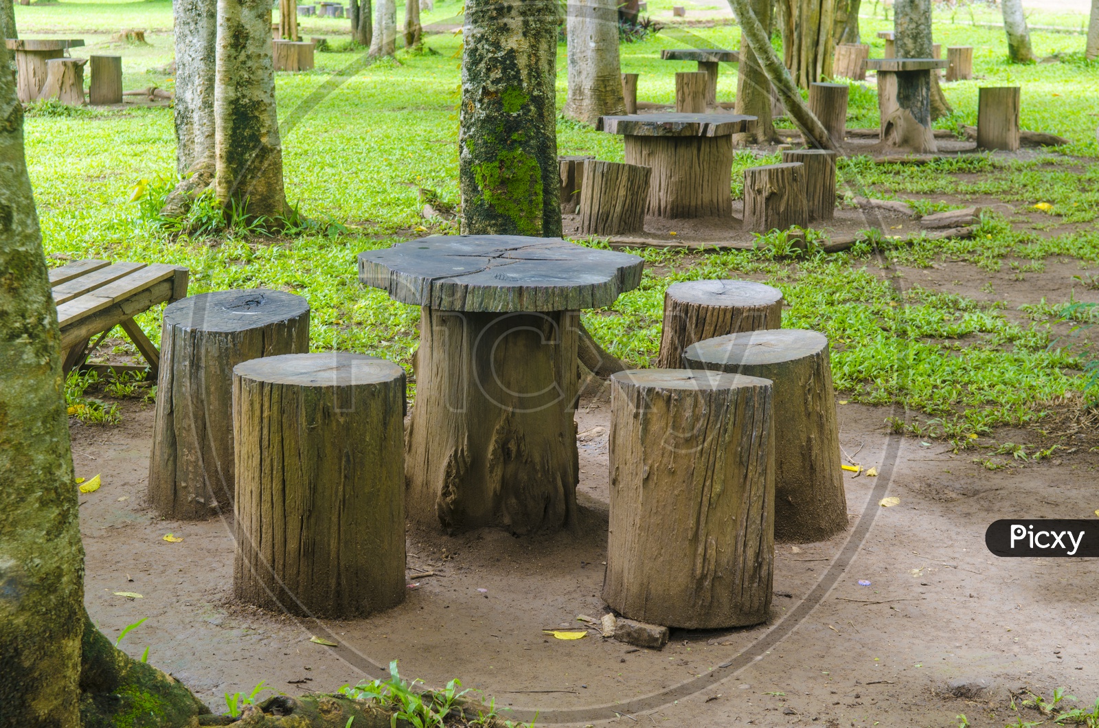 Garden furniture made from wooden log in Thai Park