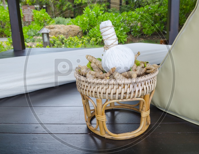 Basket with ginger for herbal treatment in Thailand