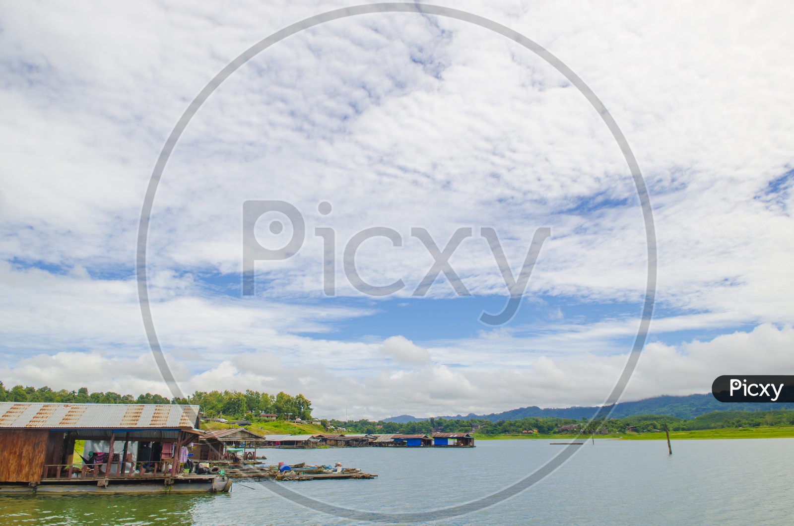 Landscape of Houseboat on river in Sangklaburi Kanchanaburi country, Thailand