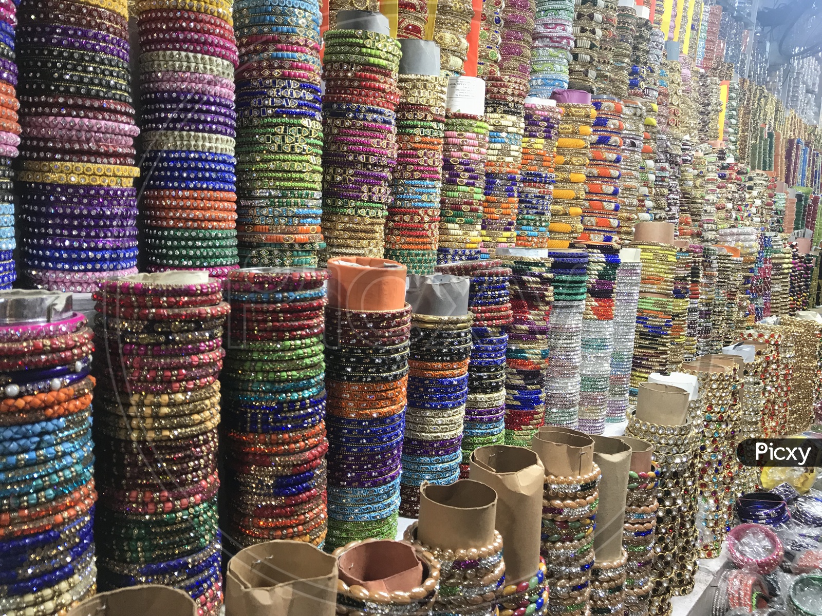 Colorful Bangles stacked up in the Bangle Store in Tiruchanur near Padamavathi temple