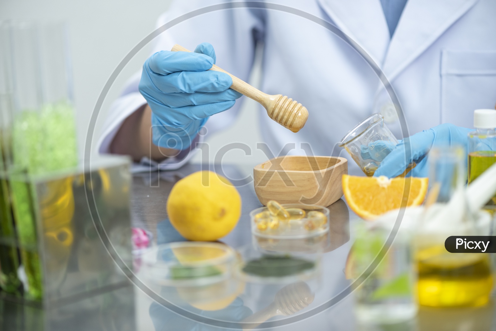 the scientist, dermatologist testing the organic natural cosmetic product in the laboratory, research and development beauty skincare concept