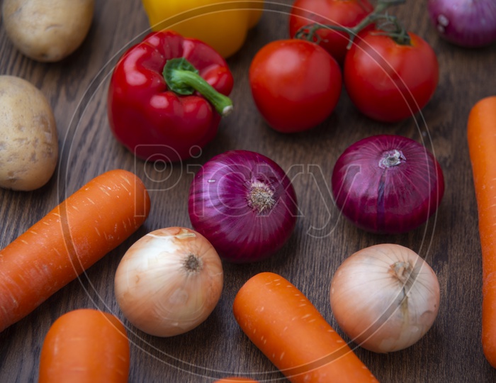 top view  Of Fresh  vegetables on wooden Cutting board