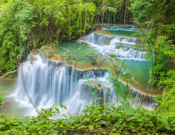 Landscape of waterfalls in Kanjanaburi (Huay Mae Kamin) of Thailand