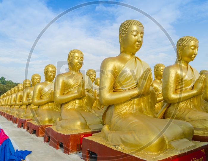 Golden Buddha Statue With 1250 Disciples At Nakhonnayok , Thailand