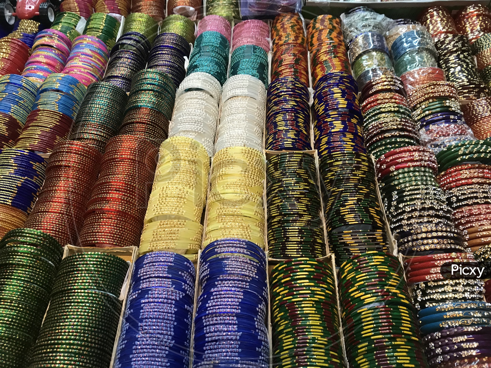 Colorful Bangles stacked up in the Bangle Store in Tiruchanur near Padamavathi temple