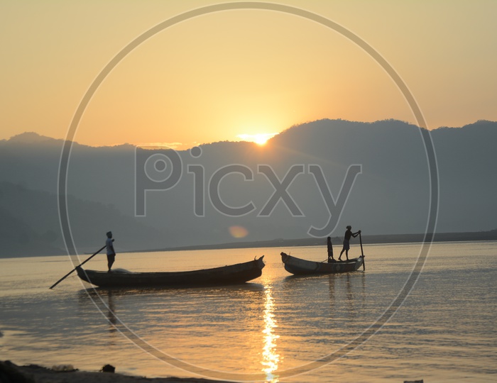 Boats  On River Godavari Between Papikondalu With Beautiful Sunsets in Andhra Pradesh