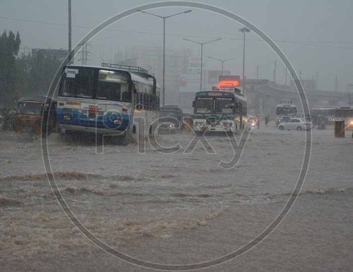 Heavily Flooded Roads of Hyderabad With Commuting Vehicles Due to Heavy Rains