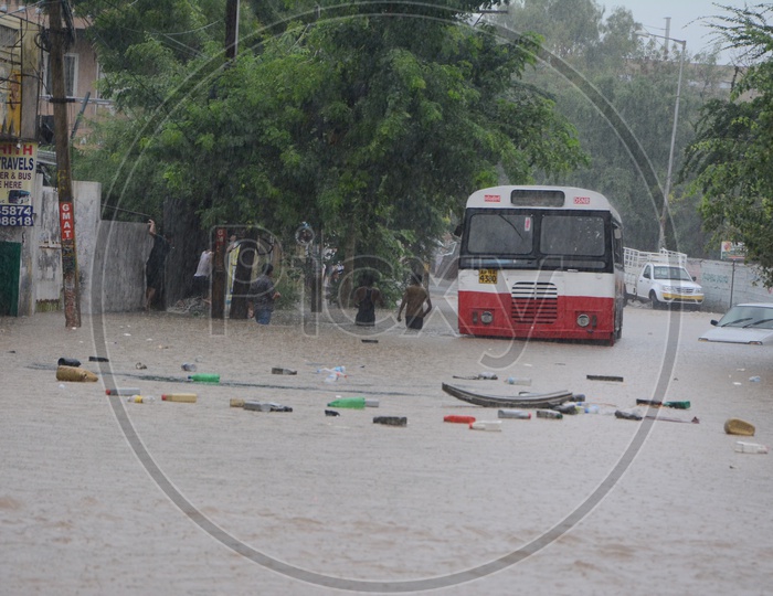 Flooded Roads Of Hyderabad With Drowned Bus Due to Heavy Rains