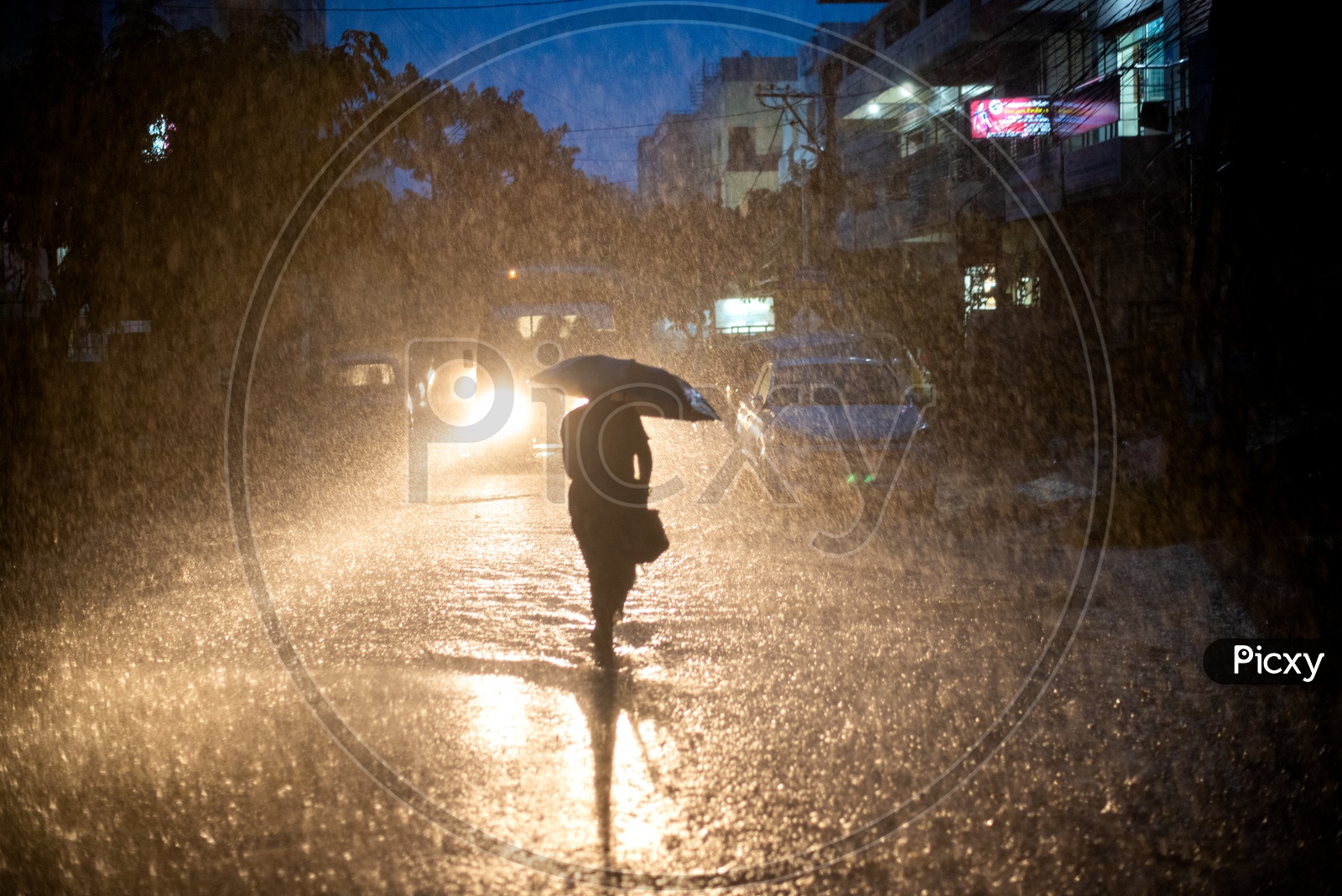 Woman Pedestrian Walking on Flooded Road In Heavy Rain With Umbrella