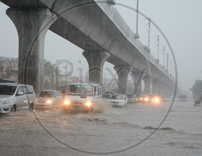 Heavily Flooded Roads of Hyderabad With Commuting Vehicles Due to Heavy Rains