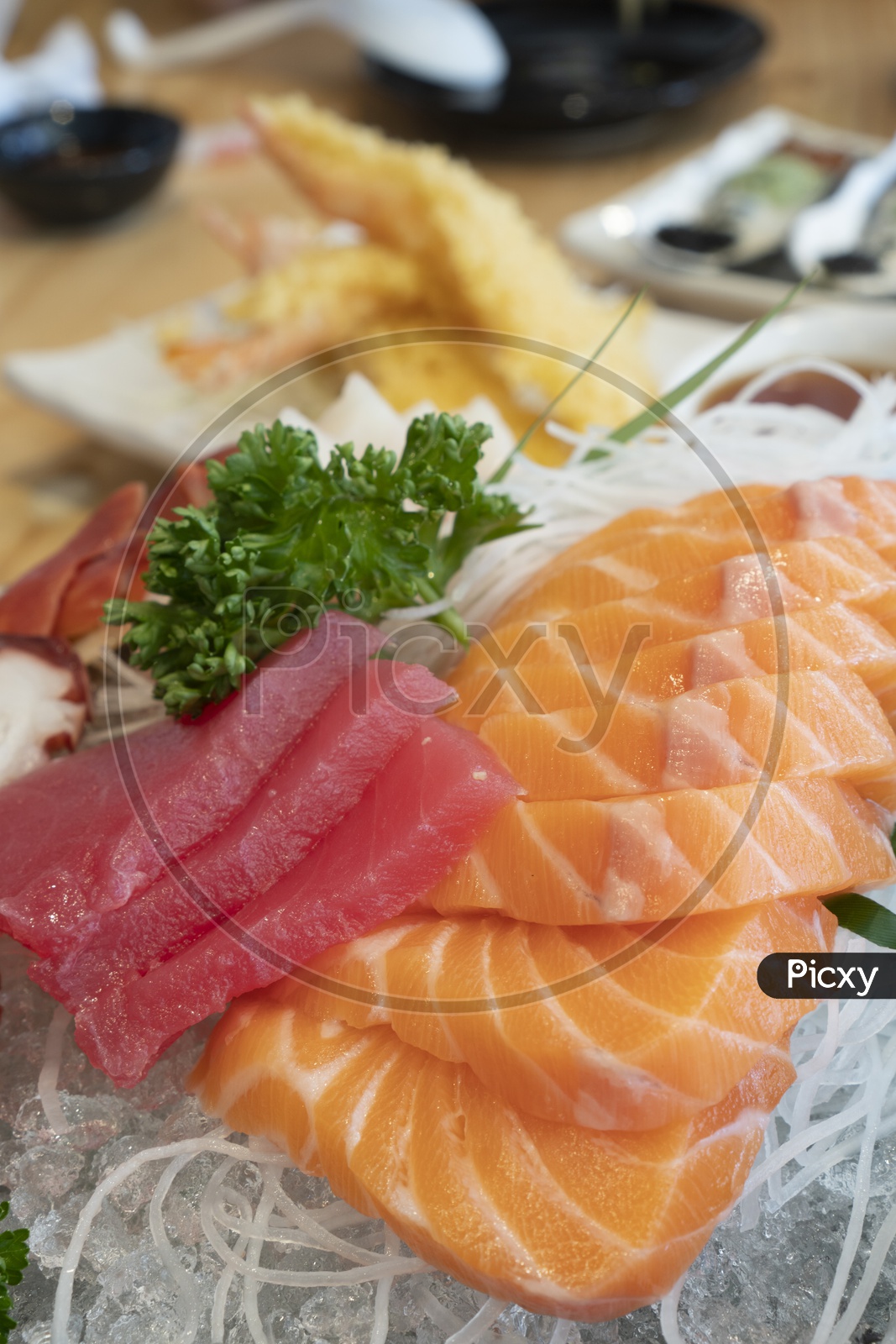 Fresh Sashimi in a Plate, fresh seafood, Japanese food
