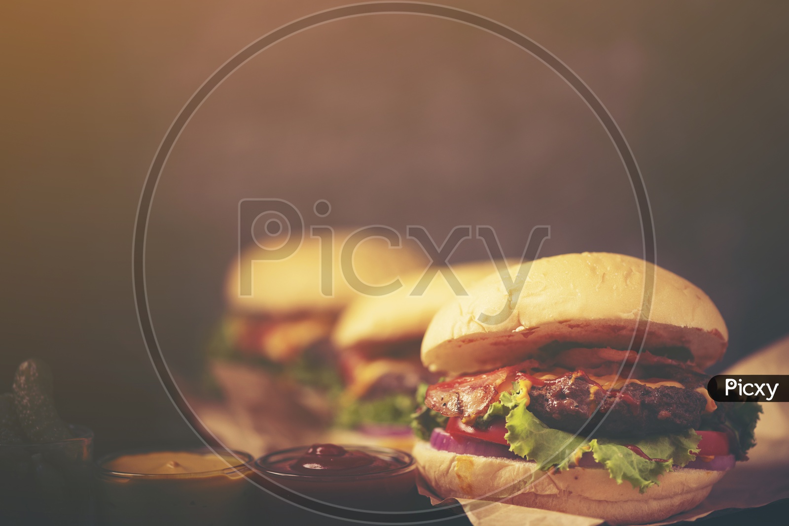 Close-up of Homemade Yummy Burgers on wooden table