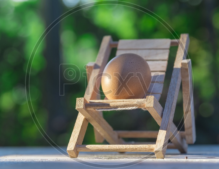 Chicken Egg on Miniature Chair  in Nature Backdrop