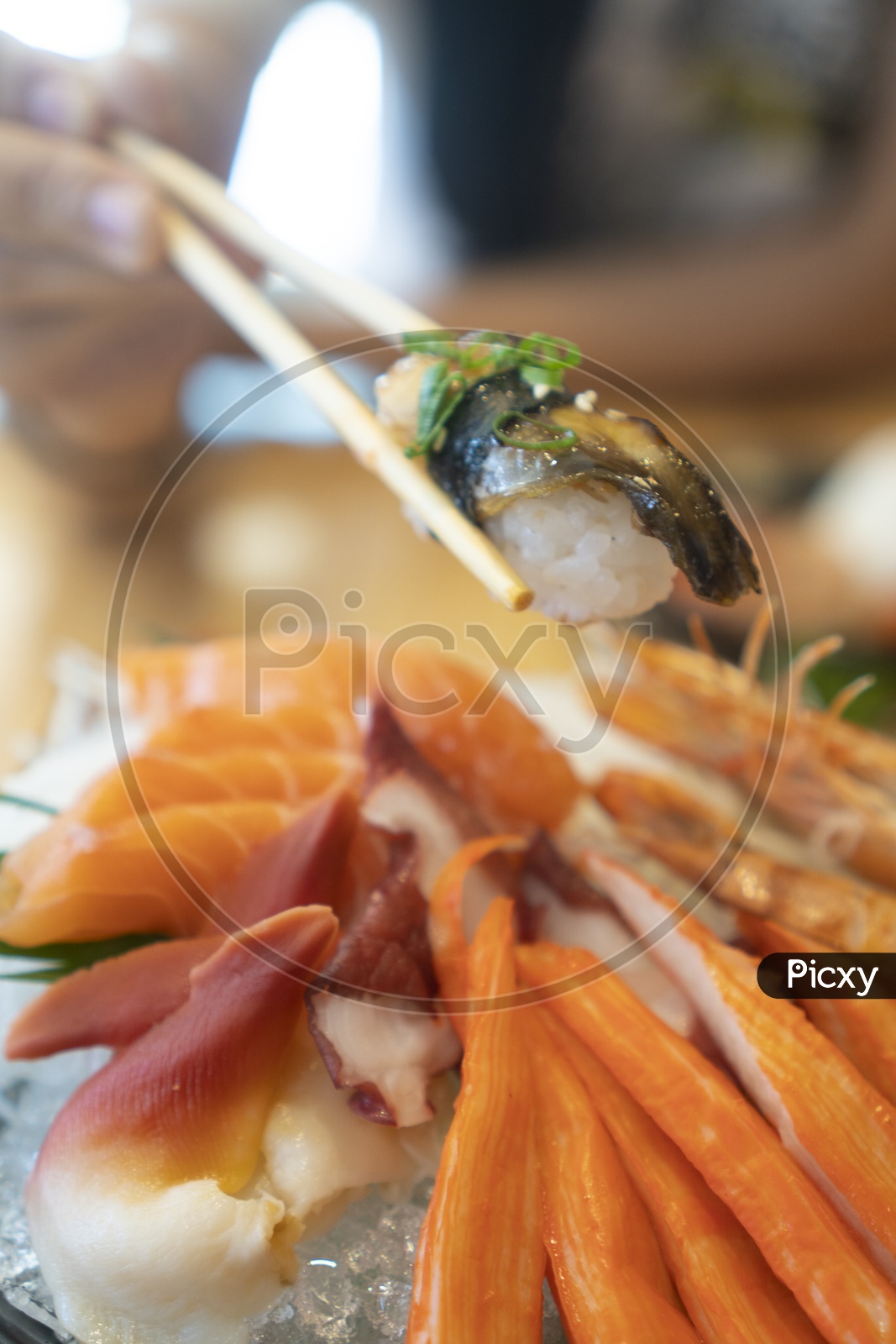 Sushi, Sashimi, fresh seafood, Japanese food in a Restaurant