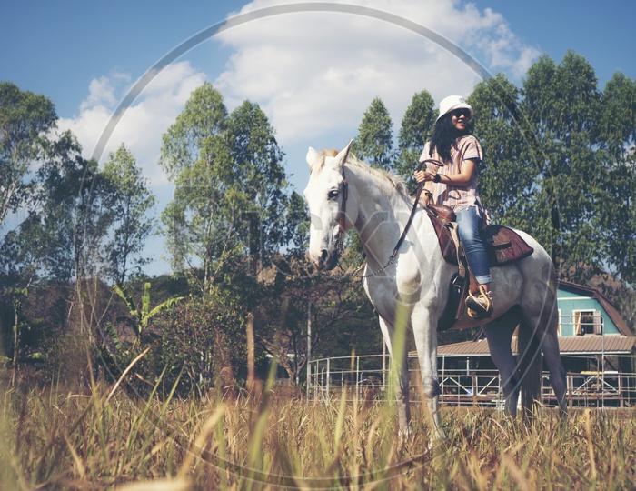 Asian woman riding a horse At Country Side