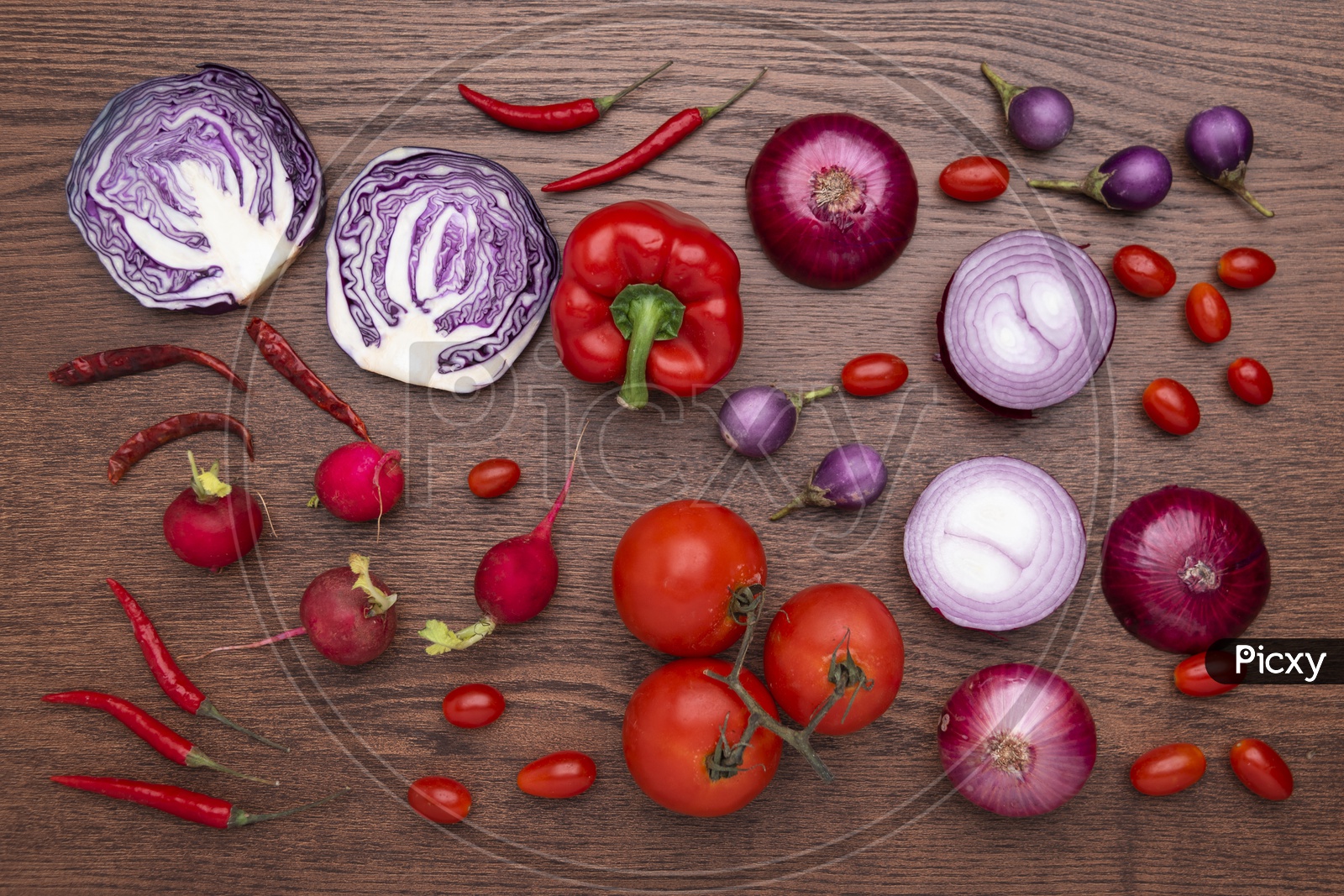 Top View of Fresh Vegetables on Wooden Background, Capsicum, Onions, Tomatoes