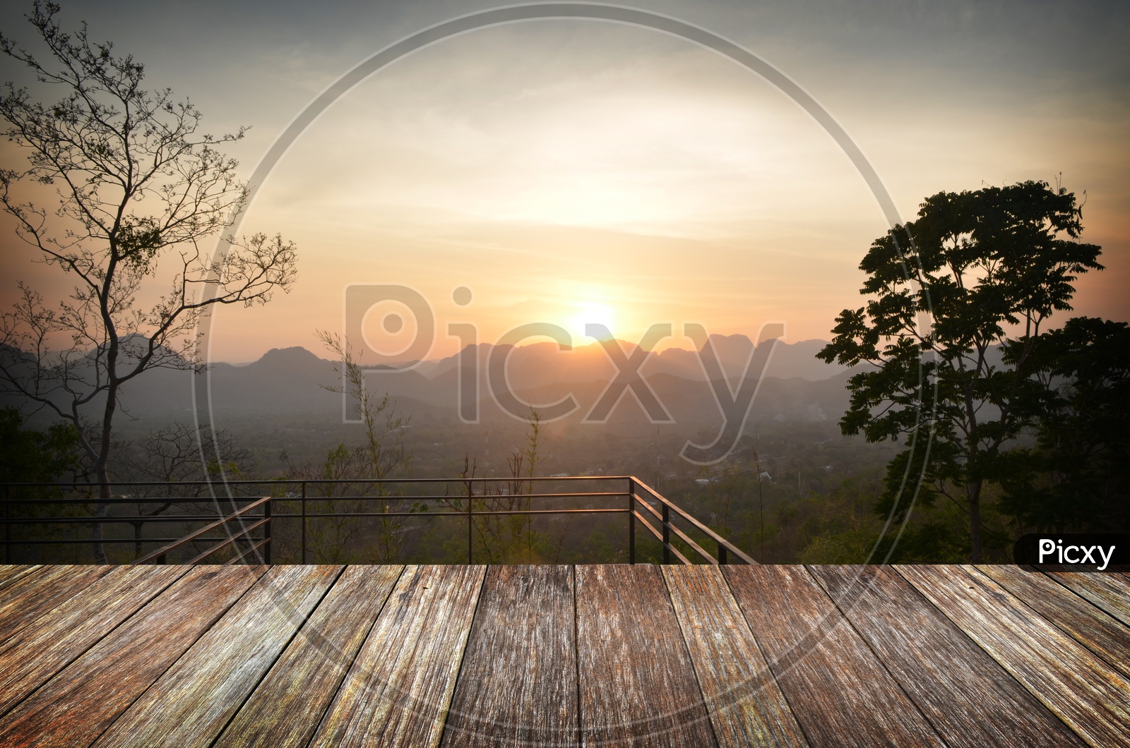 Illustration Image With Beautiful sunlight in the autumn forest with wood planks floor