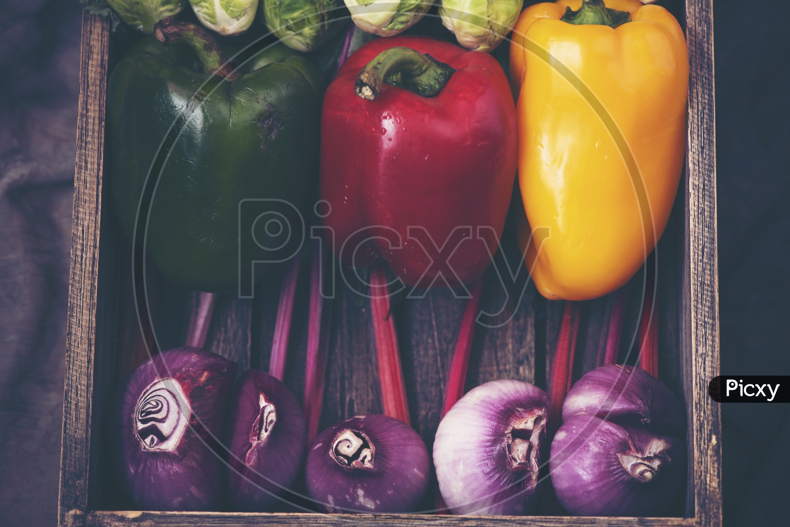 Vegetables in a Wooden Box, Capsicum, Onions