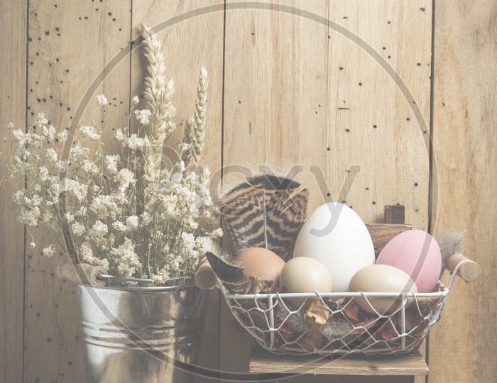 Easter Festival Creative Backgrounds With Easter Eggs Over Wooden Background
