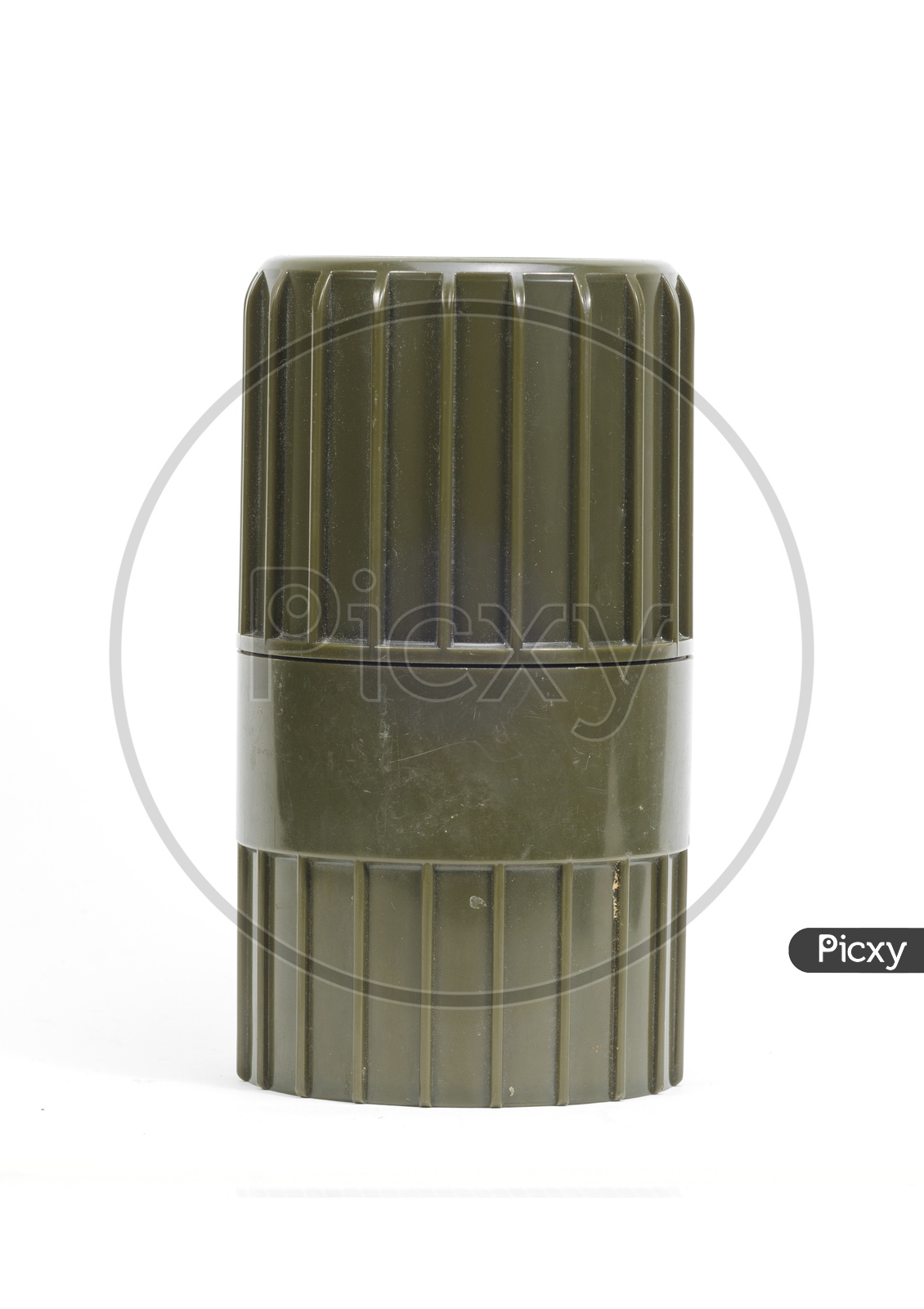 Cylindrical shape plastic container on white background