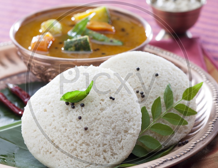 South Indian dish idly or idli and sambar.