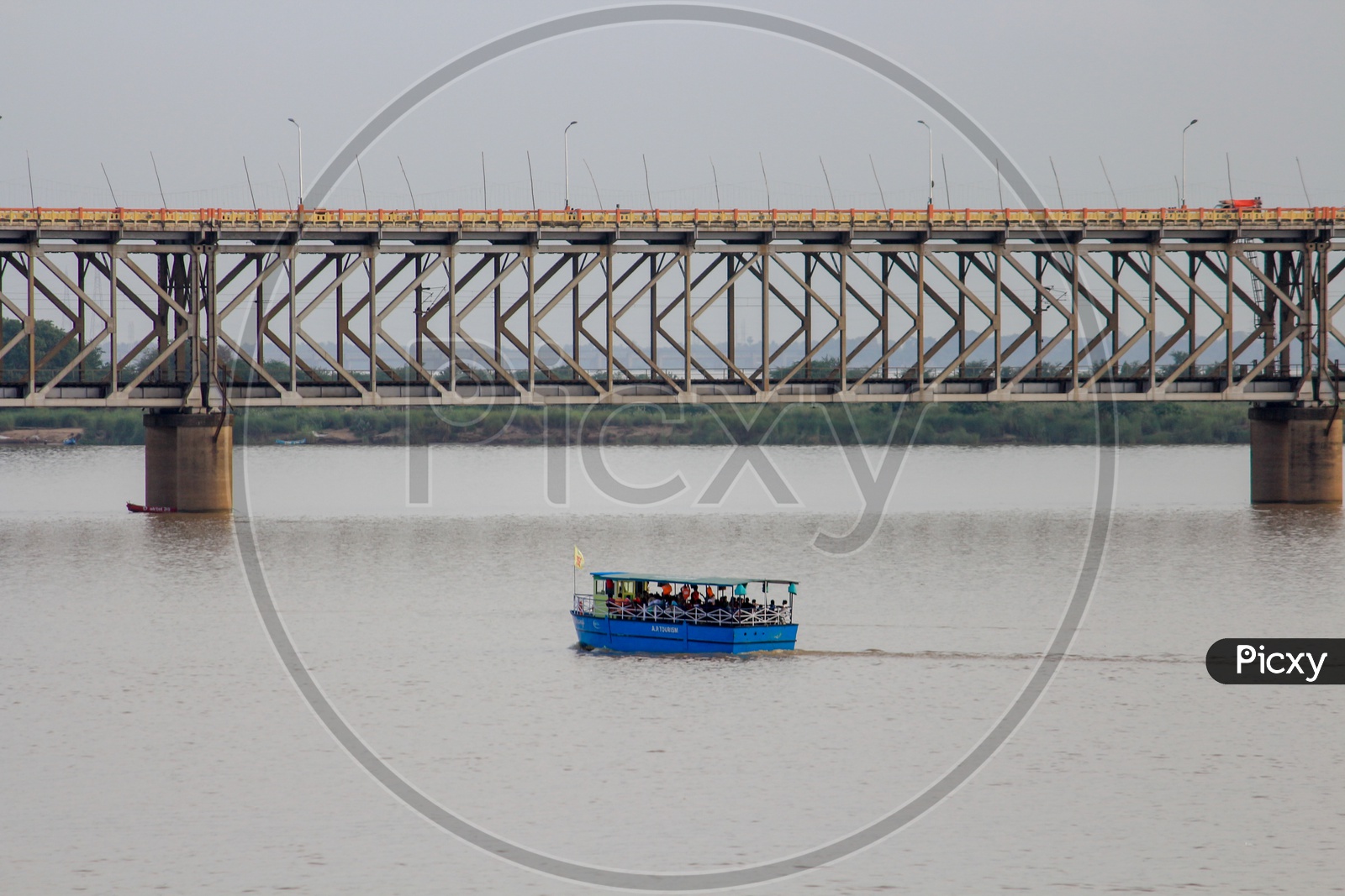 The Havelock Bridge With Tourists Boats on Godavari River At Rajahmundry