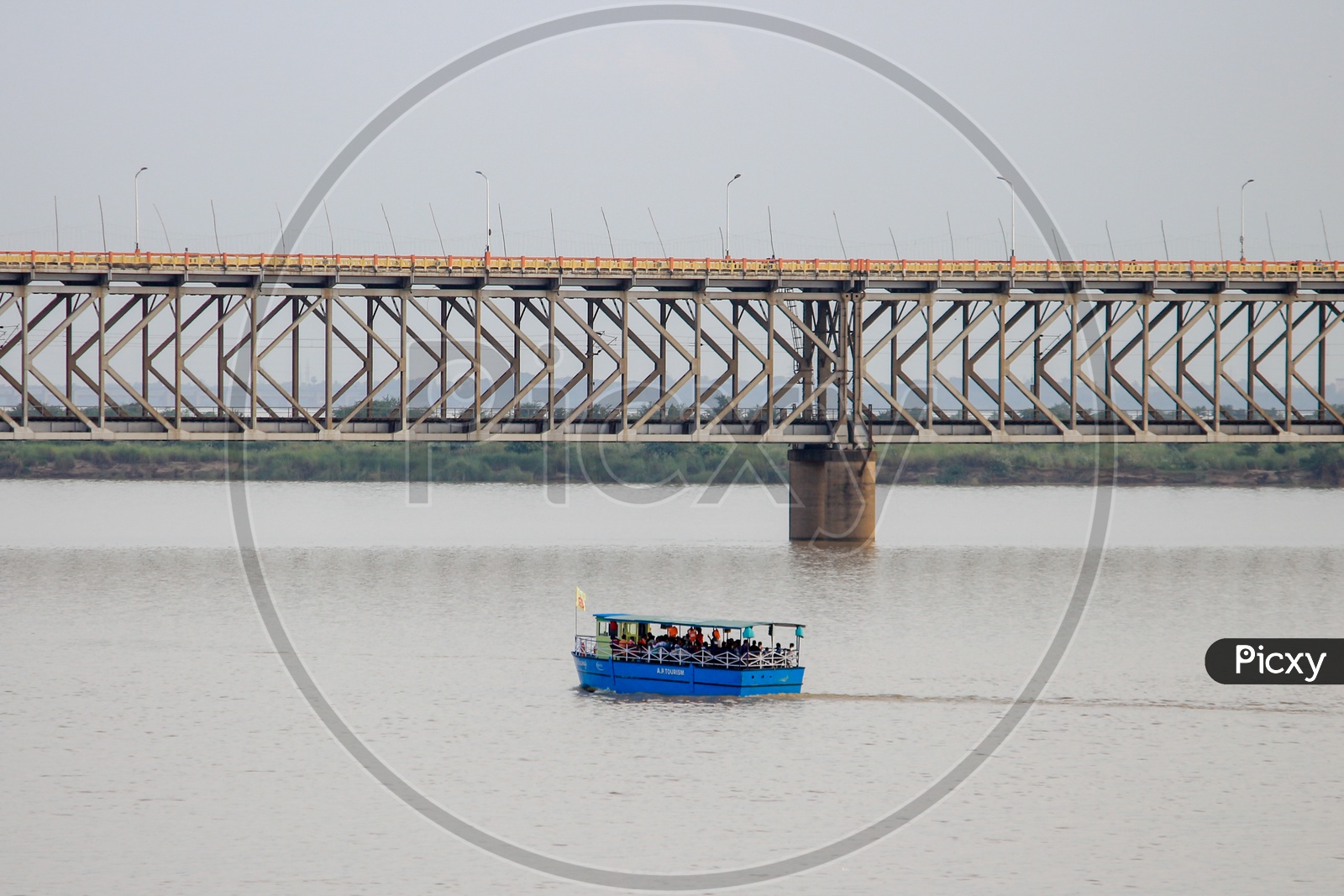 The Havelock Bridge With Tourists Boats on Godavari River At Rajahmundry