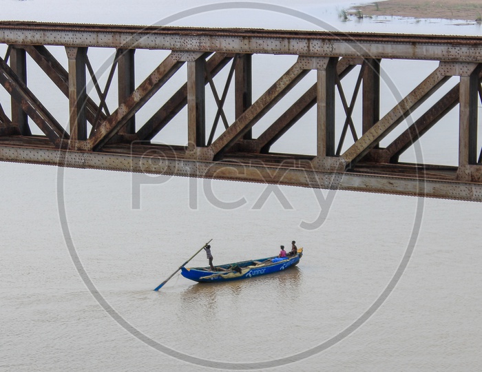 Godavari Bridge Over River Godavari At Rajahmundry  With fishing Boats