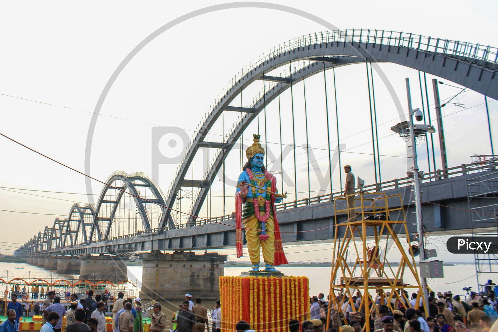 Godavari Arch Bridge Over River Godavari  With Devotees At Ghats During  Pushkaralu