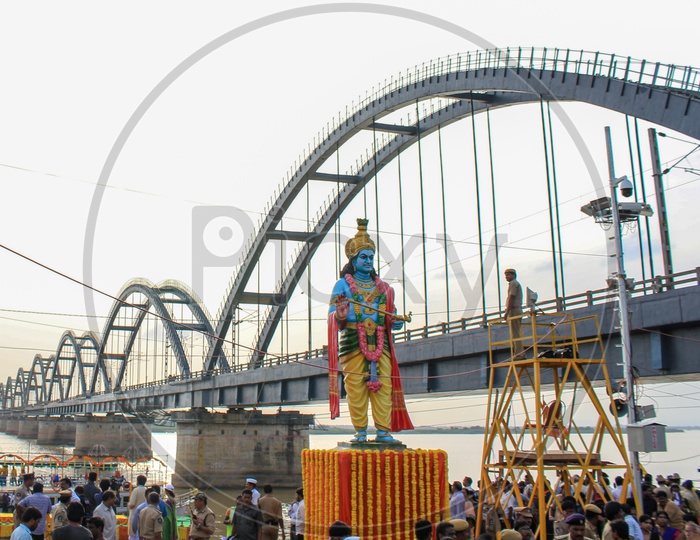 Godavari Arch Bridge Over River Godavari  With Devotees At Ghats During  Pushkaralu