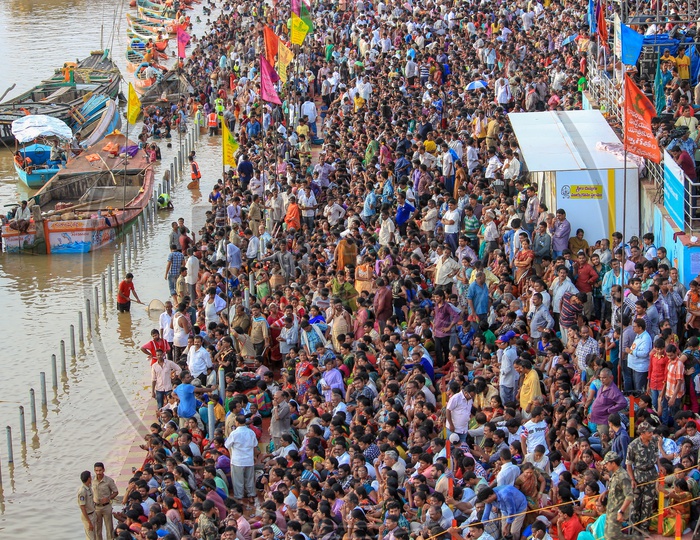 Indian Crowd of Devotees At Pushkar Ghat In Rajahmundry During Godavari Pushkaralu