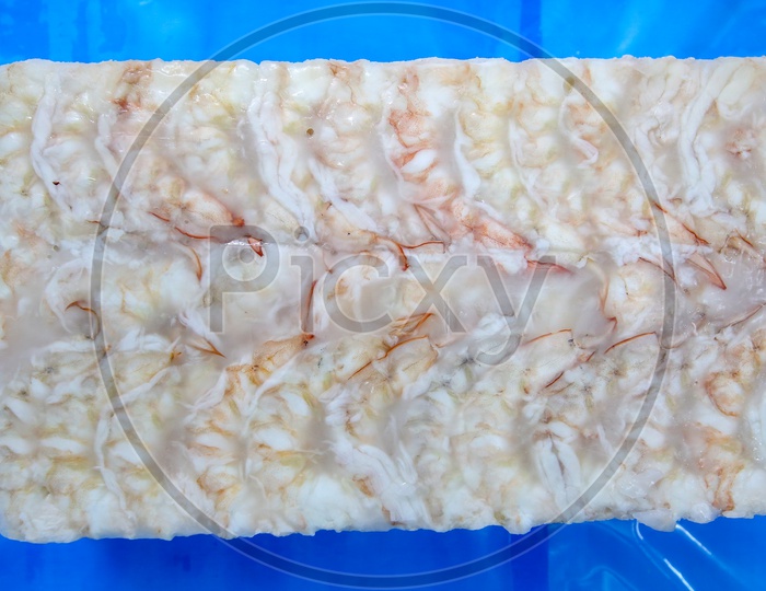 Frozen Block Of Shrimps or Prawns With Product Of India label In a Seafood Exporting Company