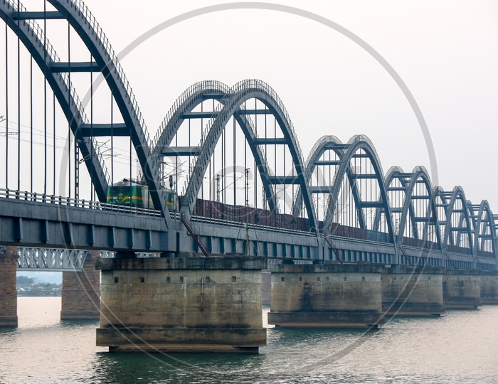 Rajahmundry Arch Bridge  On Godavari River With a Moving train