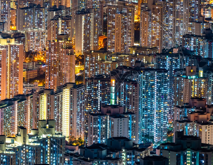 Hong Kong cityscape at night, sky scraper building Filled background