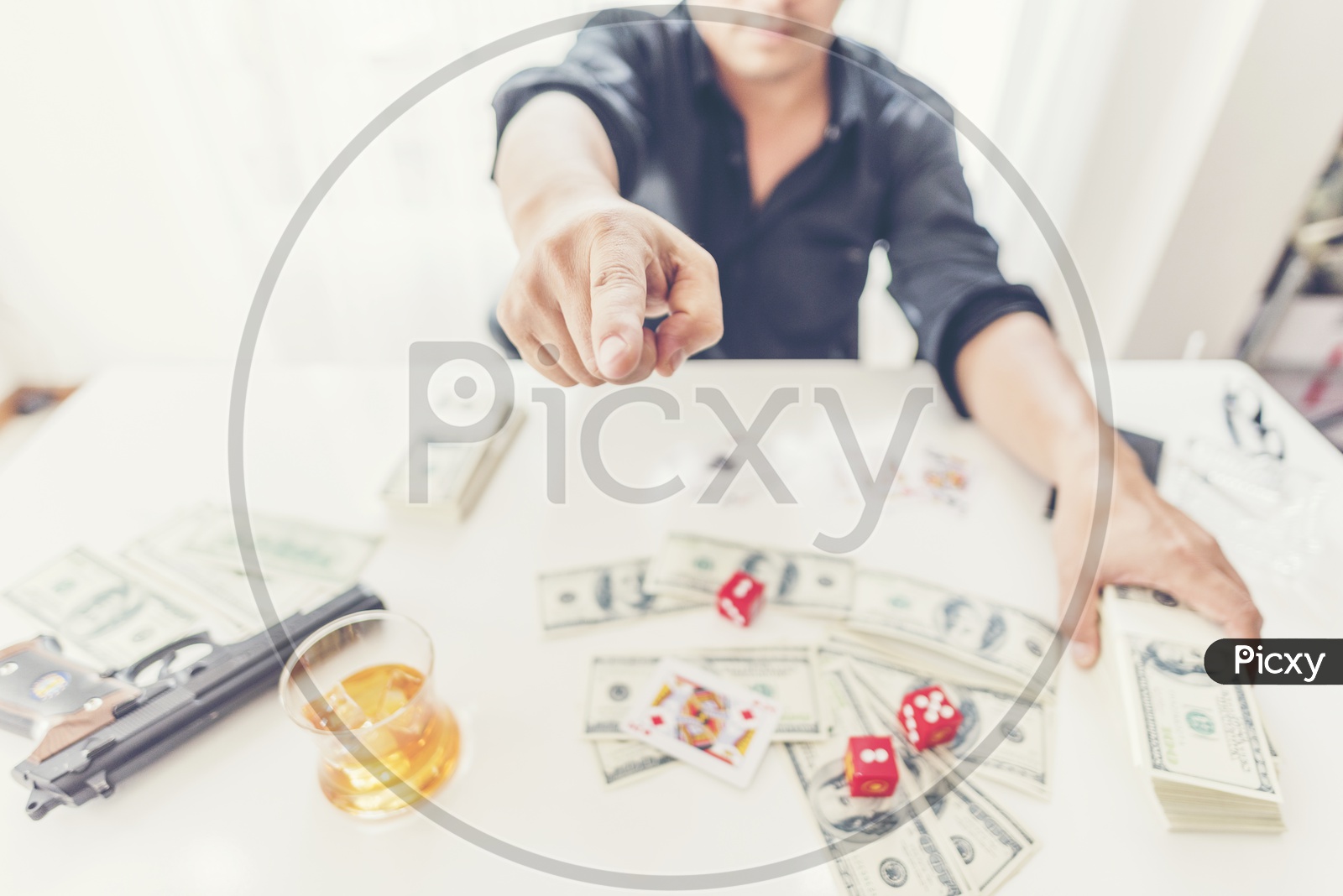 Gambling Concept With Money , Poker Cards and Alcohol Glass